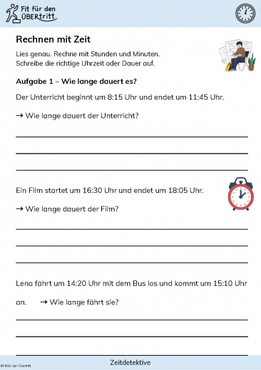 Zeitdetektive - Sachaufgaben mit Zeit - Übung 1